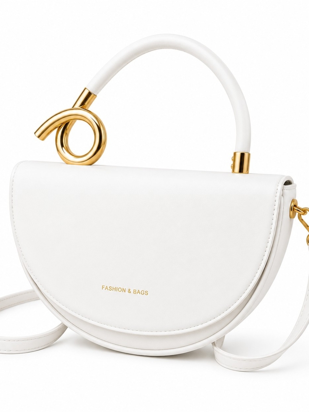 White Semi-Circle Top-Handle Crossbody Bag with Gold Accent